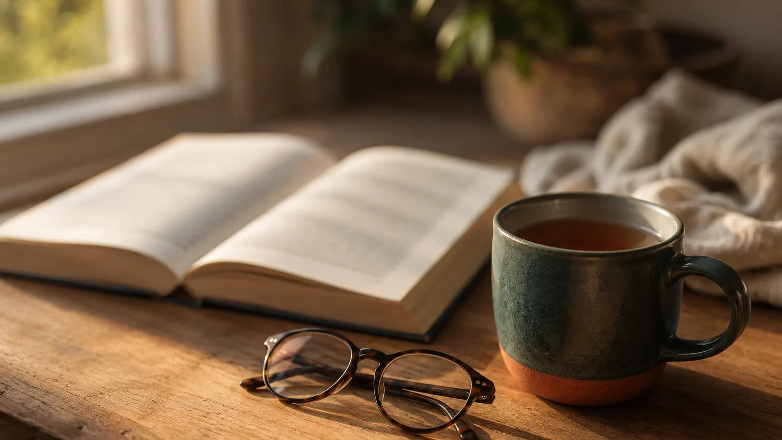 Libro abierto sobre una mesa de madera junto a una taza y una ventana con luz cálida de tarde