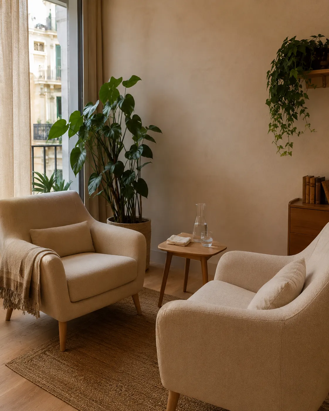 La consulta de Rocío Soto en Málaga: un espacio sereno con luz cálida, un sillón cómodo y plantas