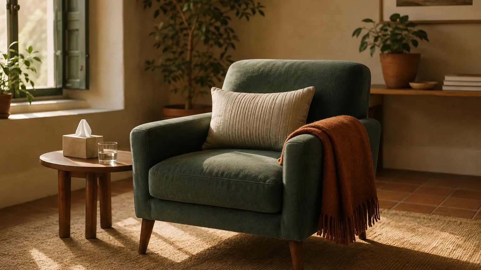 Sillón vacío con una manta doblada y un vaso de agua en la mesita, junto a una ventana con luz cálida, preparado para una sesión