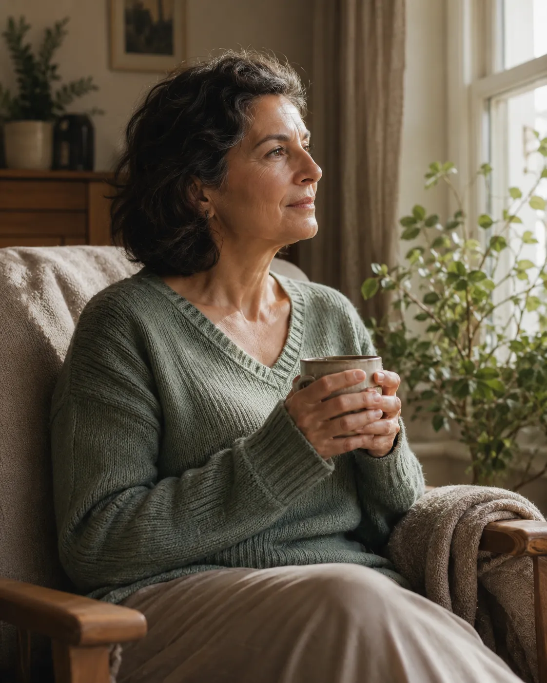 Mujer serena reflexionando junto a una ventana con luz cálida
