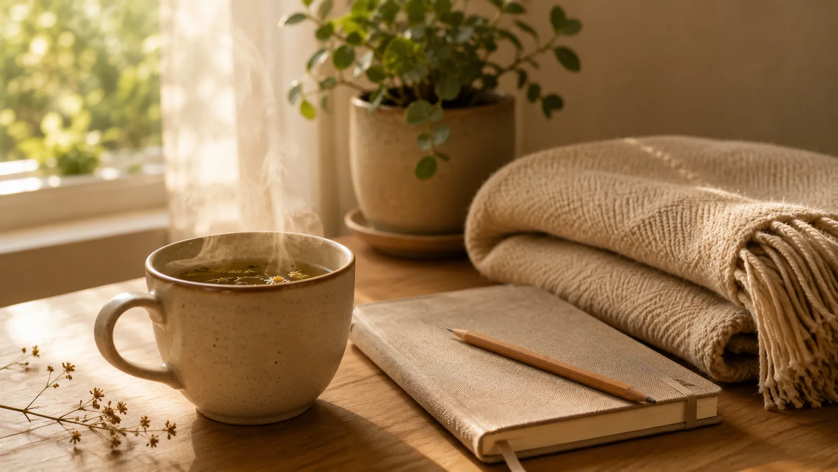 Taza de infusión humeante junto a una libreta y una manta, en una mesa con luz de mañana