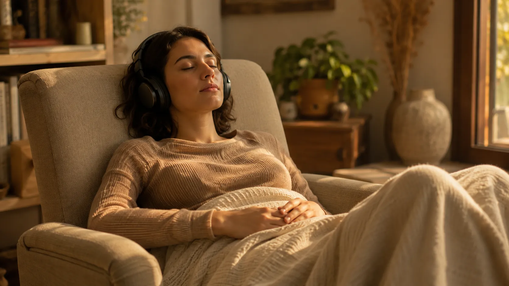 Mujer con los ojos cerrados, recostada y serena, durante un ejercicio de relajación con luz cálida