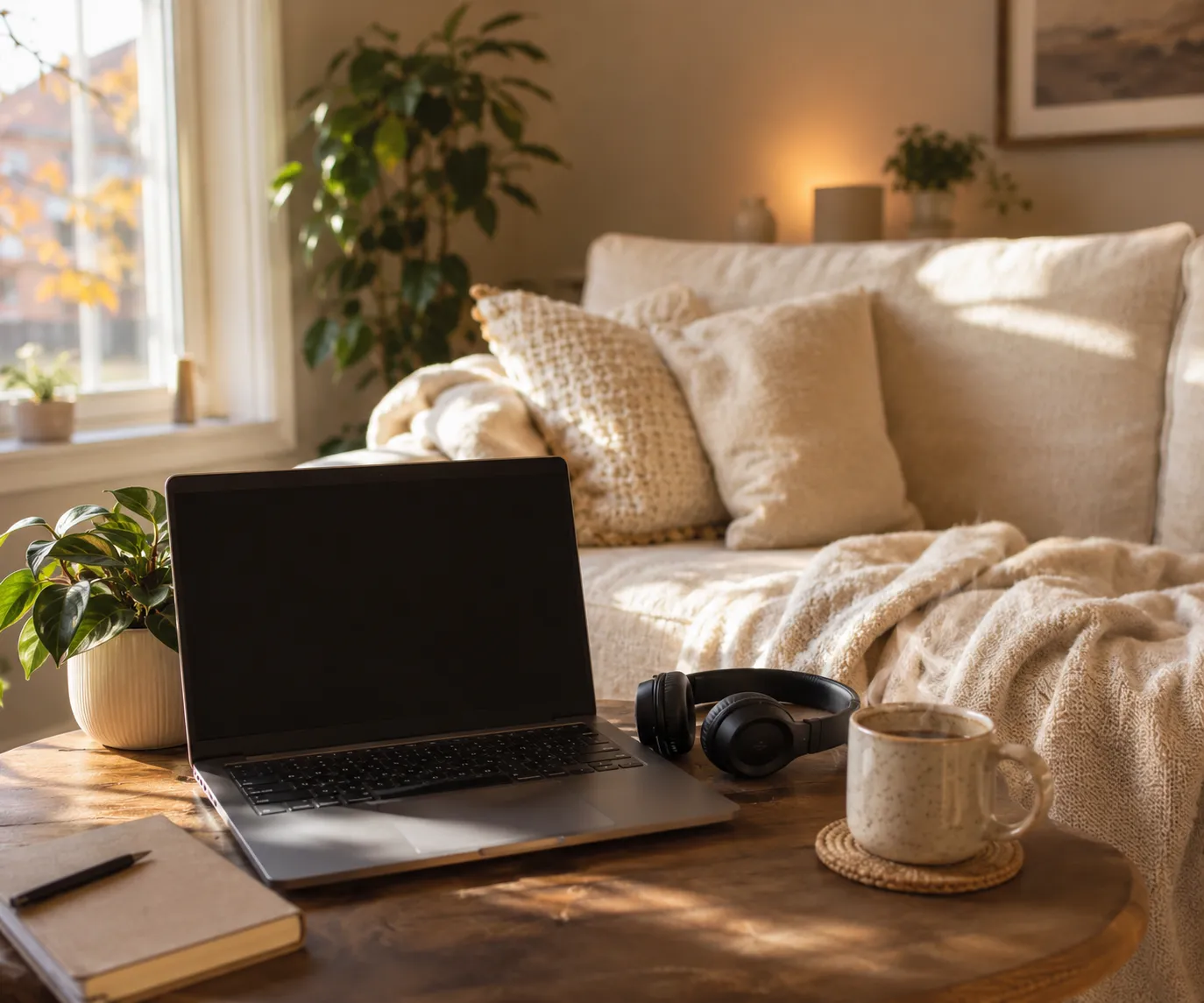 Espacio doméstico tranquilo con un ordenador portátil, una manta y luz cálida, preparado para una sesión online