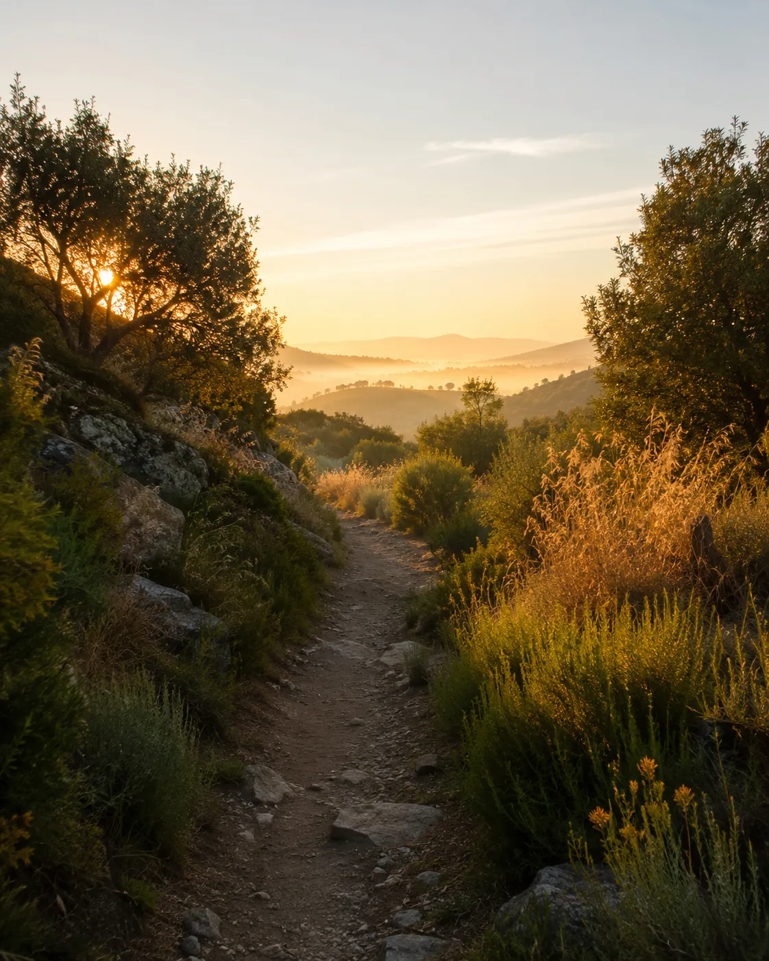 Camino que se abre entre vegetación con luz cálida del amanecer